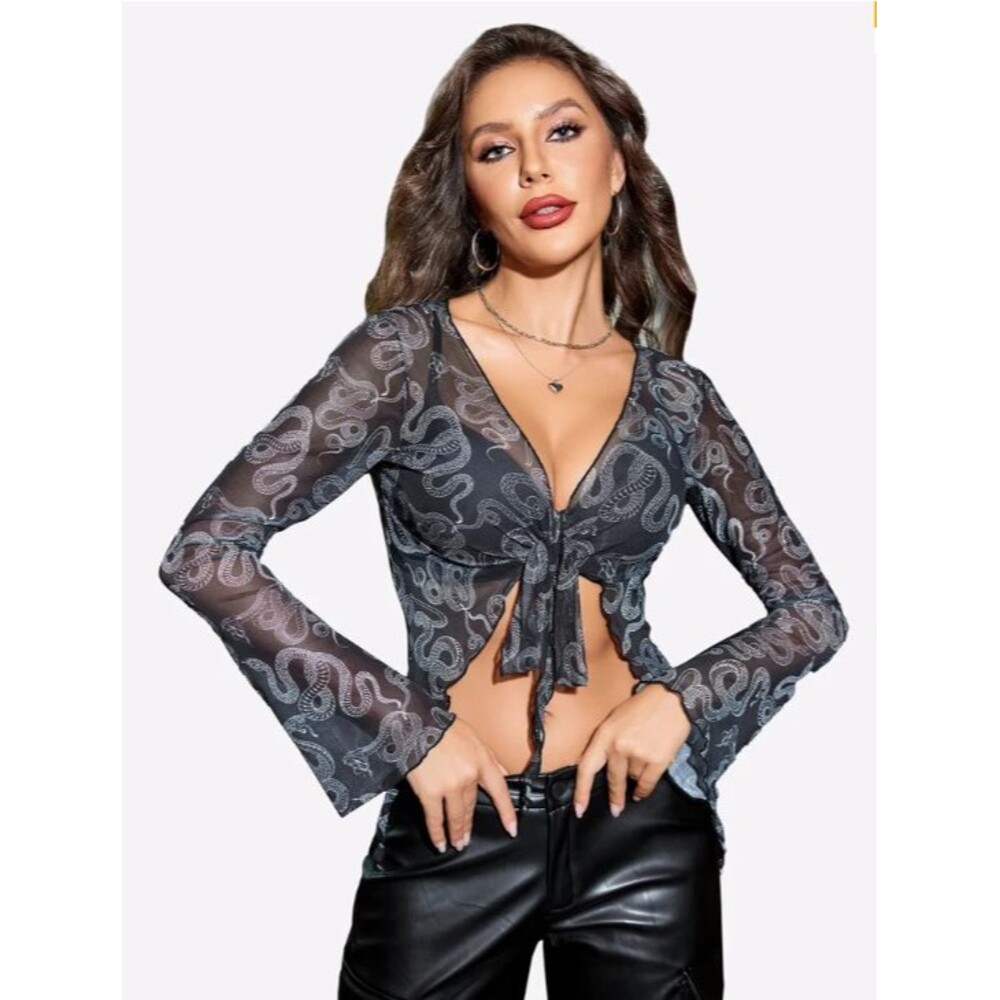 Avidlove Women's Y2K Mesh Sheer Crop Top Long Sleeve Snake Tie Front S NWT